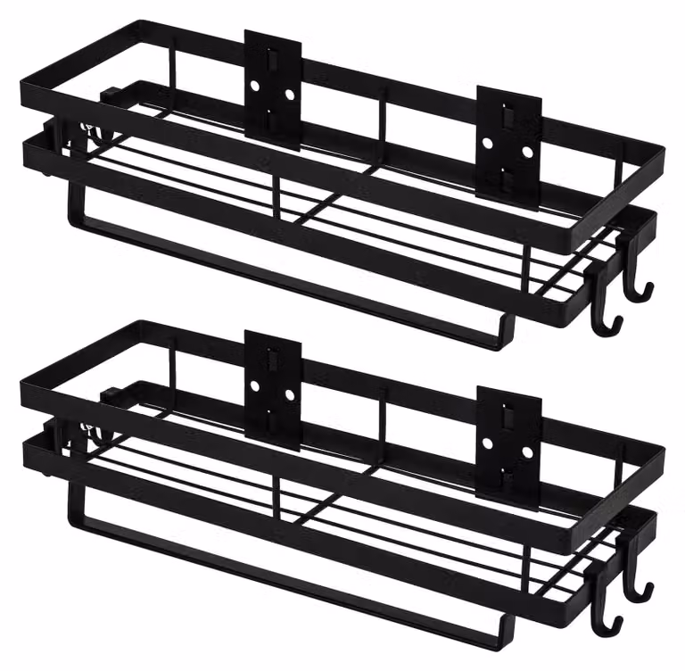 Elzusha - Scaffale da parete per cucina, senza necessità di foratura, con porta rotolo da cucina e 4 ganci - Nero