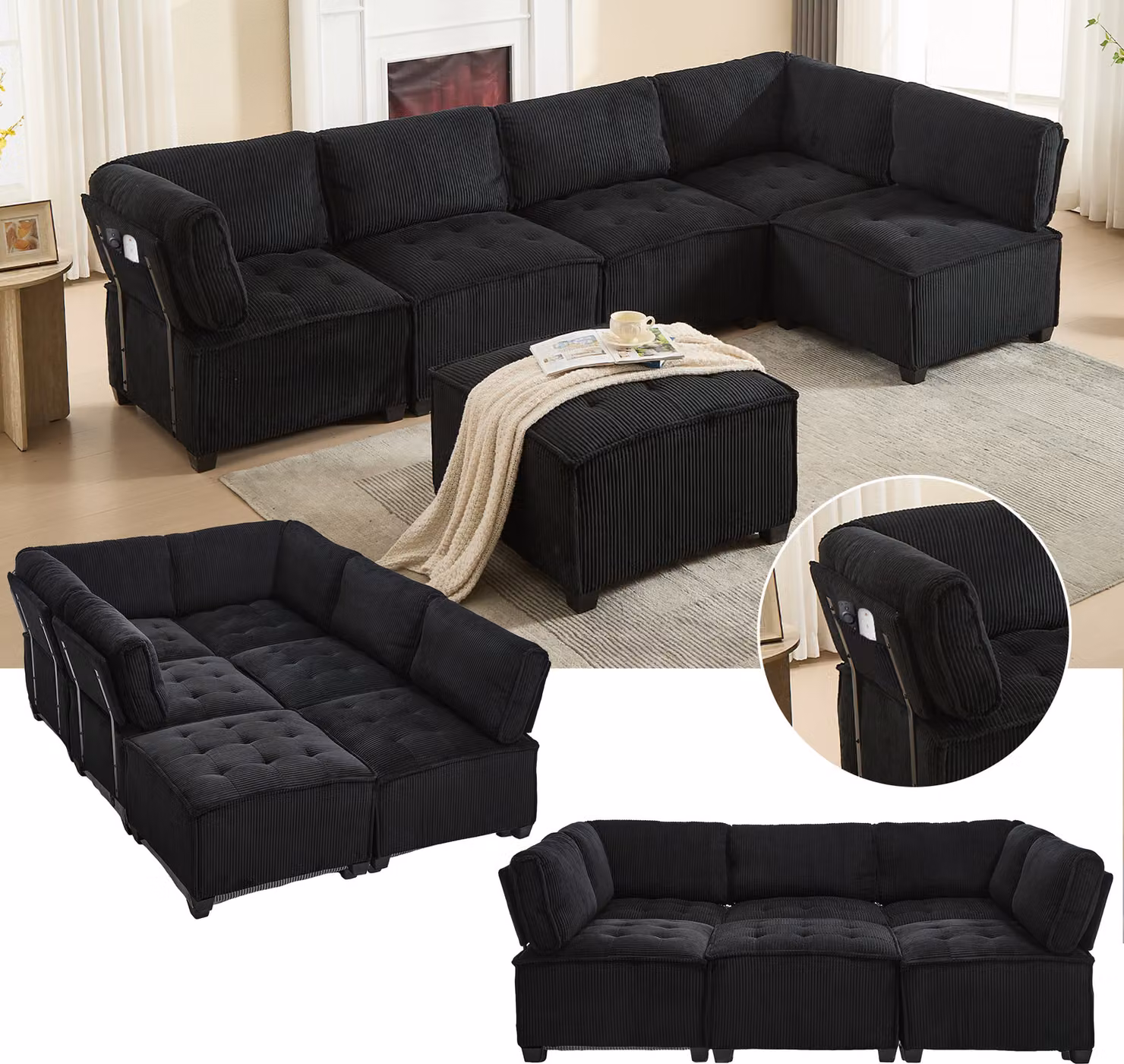 MODFU Divano angolare, letto letto, divano a 6 posti con tasche portaoggetti, combinabile in modo flessibile in divano a U/divano a L, nero