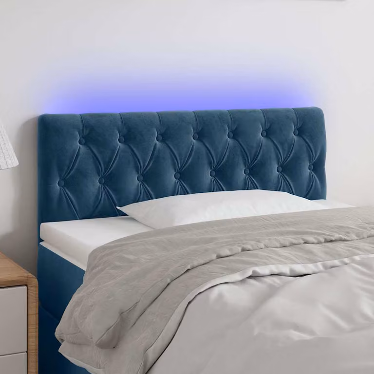 Testiera per letto vidaXL in velluto blu scuro con illuminazione LED e porta di ricarica USB, L 100 cm, P 7 cm, H 78-88 cm