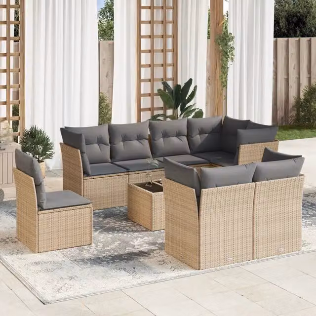vidaXL Set Divano da Giardino a L in Polyrattan con Cuscini Beige e Tavolino da Esterno 9 pz