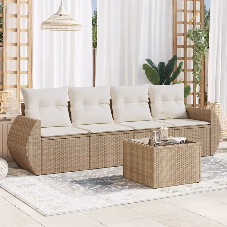 Set Divano da Giardino vidaXL 5 pz in Polyrattan con Cuscini Beige e Tavolino