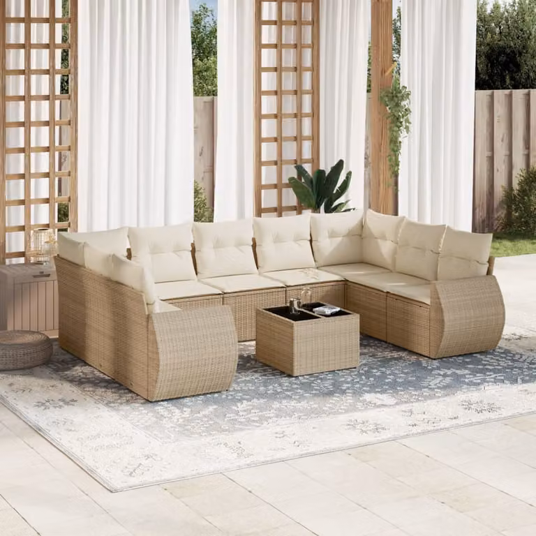 vidaXL Set Divano da Giardino 10 pz con Cuscini Beige in Polyrattan e Struttura in Acciaio Verniciato a Polvere
