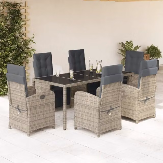 Set da pranzo da giardino vidaXL in polyrattan grigio e nero con tavolo in vetro, 7 pezzi