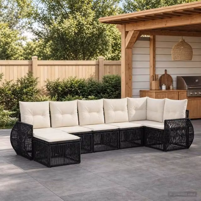 Set Divano da Giardino 7 pz Nero e Bianco Crema polyrattan 3435490