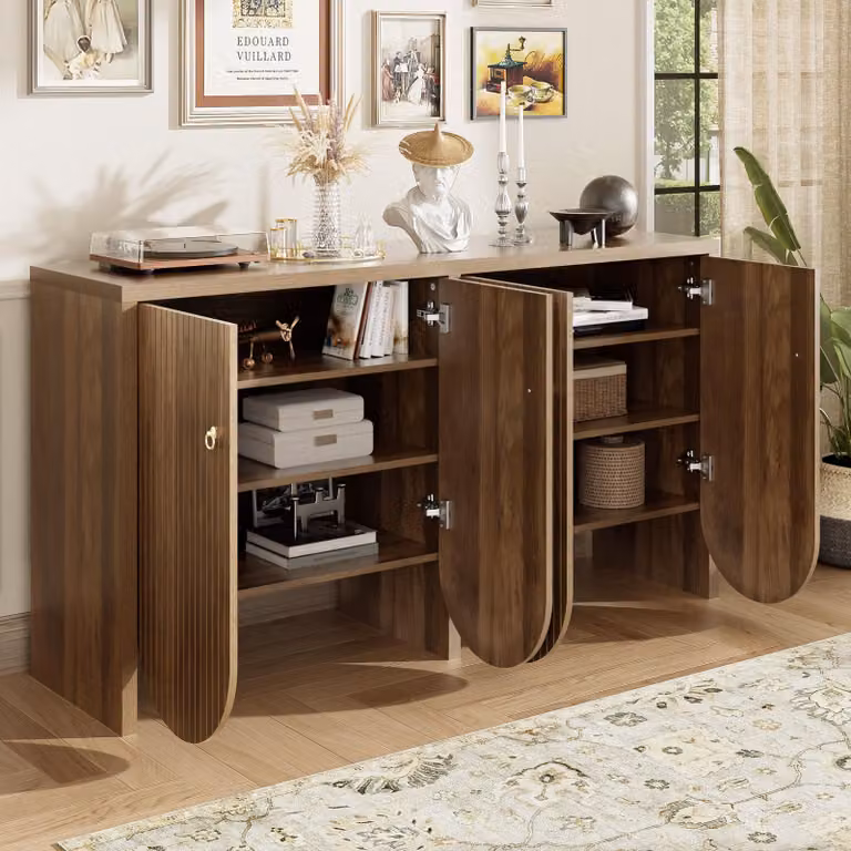 Credenza STILVORA dalla grande capienza, mobile contenitore con ripiani regolabili in altezza e 4 ante, mobile da salotto con maniglie in alluminio, ideale per soggiorno, sala da pranzo e ingresso, in noce