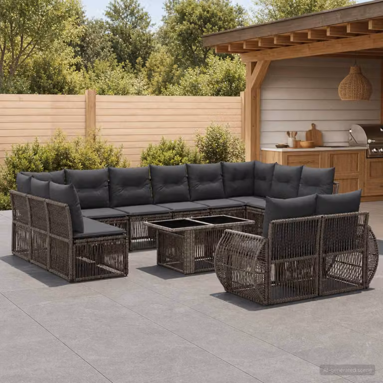 Set Divano da Giardino vidaXL 13 pz a forma a U in Polyrattan con Tavolino e Cuscini, Grigio e Antracite