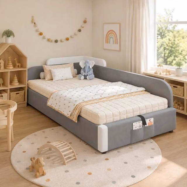 Letto imbottito per bambini con contenitore idraulico e sponda morbida 90x200 cm; velluto bianco e grigio