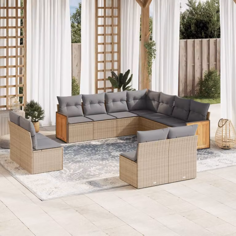 vidaXL Set di Divani da Giardino a L 11 pz in Polyrattan con Cuscini Beige e Struttura in Legno di Acacia e Acciaio