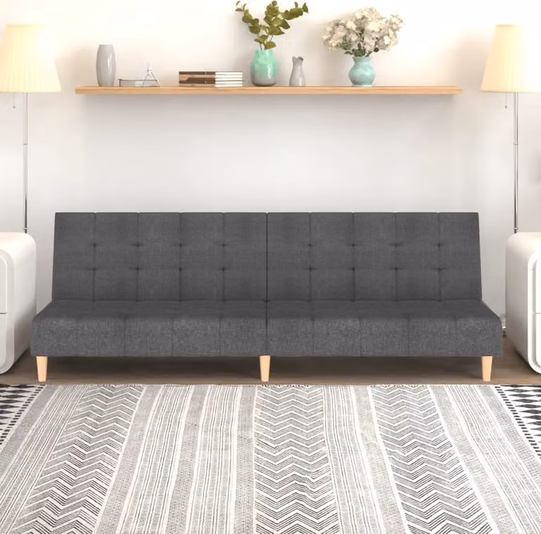 Divano letto 2 posti, colore grigio chiaro, rivestito in tessuto, modello esclusivo