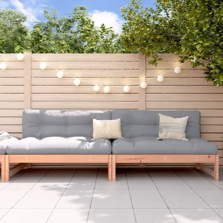 Set di 2 divani centrali da giardino vidaXL in legno massello con cuscini in tessuto, L: 120 cm, P: 80 cm