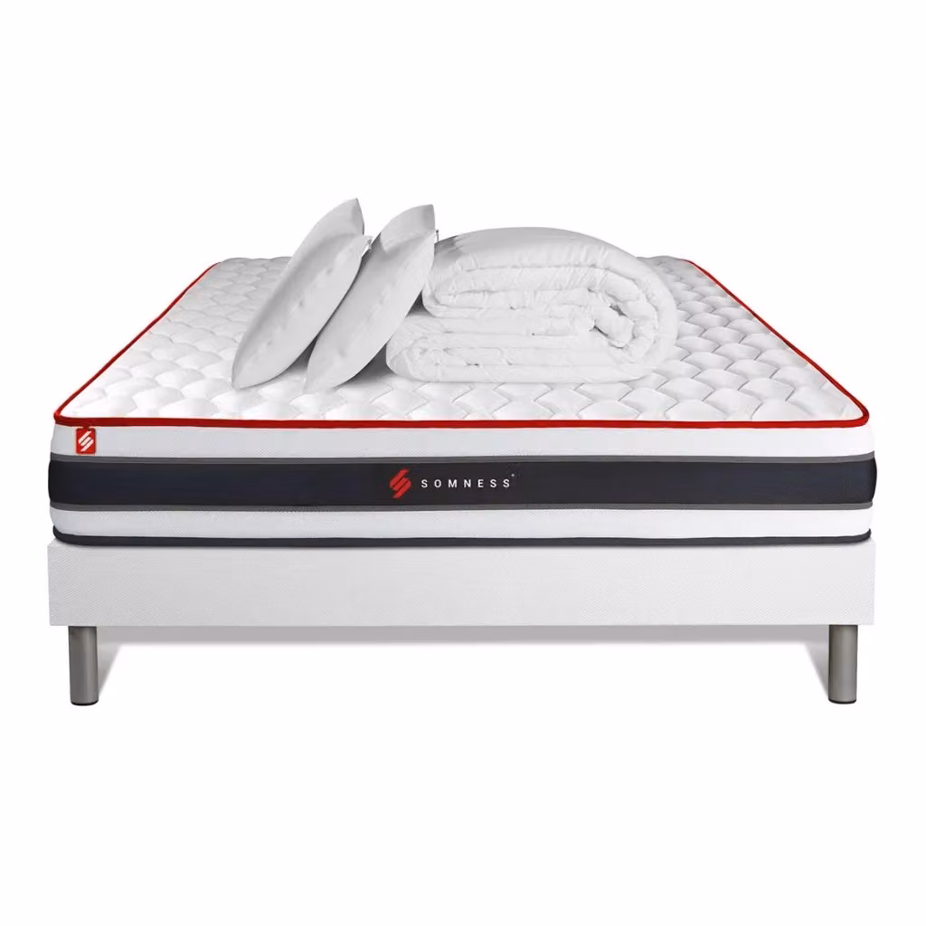 Set letto completo Somness Energy bianco con materasso hybrid a molle insacchettate e memory foam, box spring con doghe, 2 cuscini e piumone, L/P: 180 x 200 cm – 2