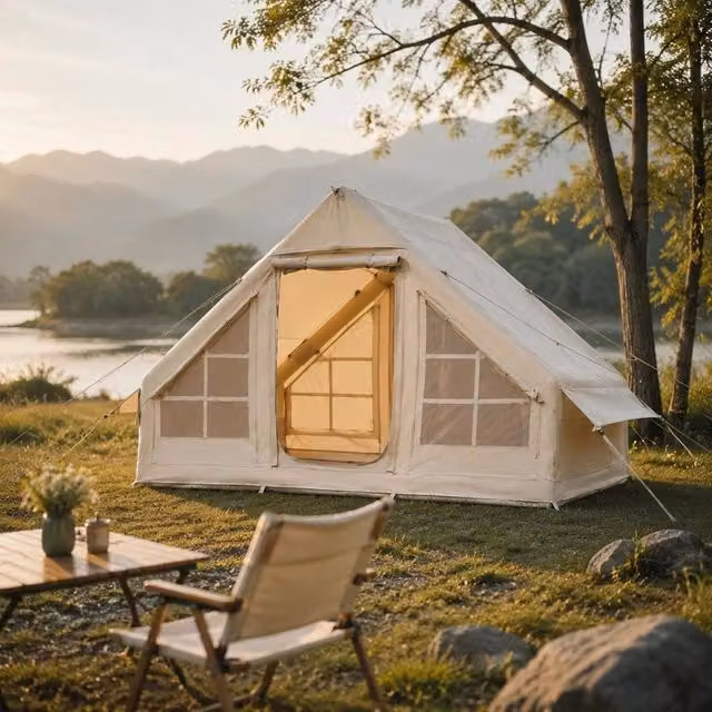 Inflatable Camping Tent 3x2x2m, 3-5 Persons, 300D Oxford 4-season Glamping Tent With Hand Pump, Stove Connection, 2 Doors & 2 Mesh Windows, Incl. Storage Bag For Transport