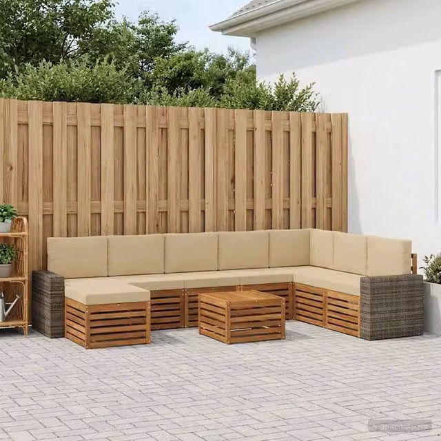 Set di divani da esterno moderno vidaXL in rattan e legno di acacia, 9 pezzi, Beige