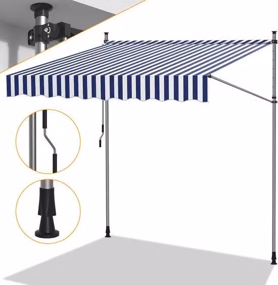 Recinzioni per terrazza - Protezione solare senza foratura per terrazza e balcone – Tenda da balcone regolabile con manovella, 300 cm, blu e bianco