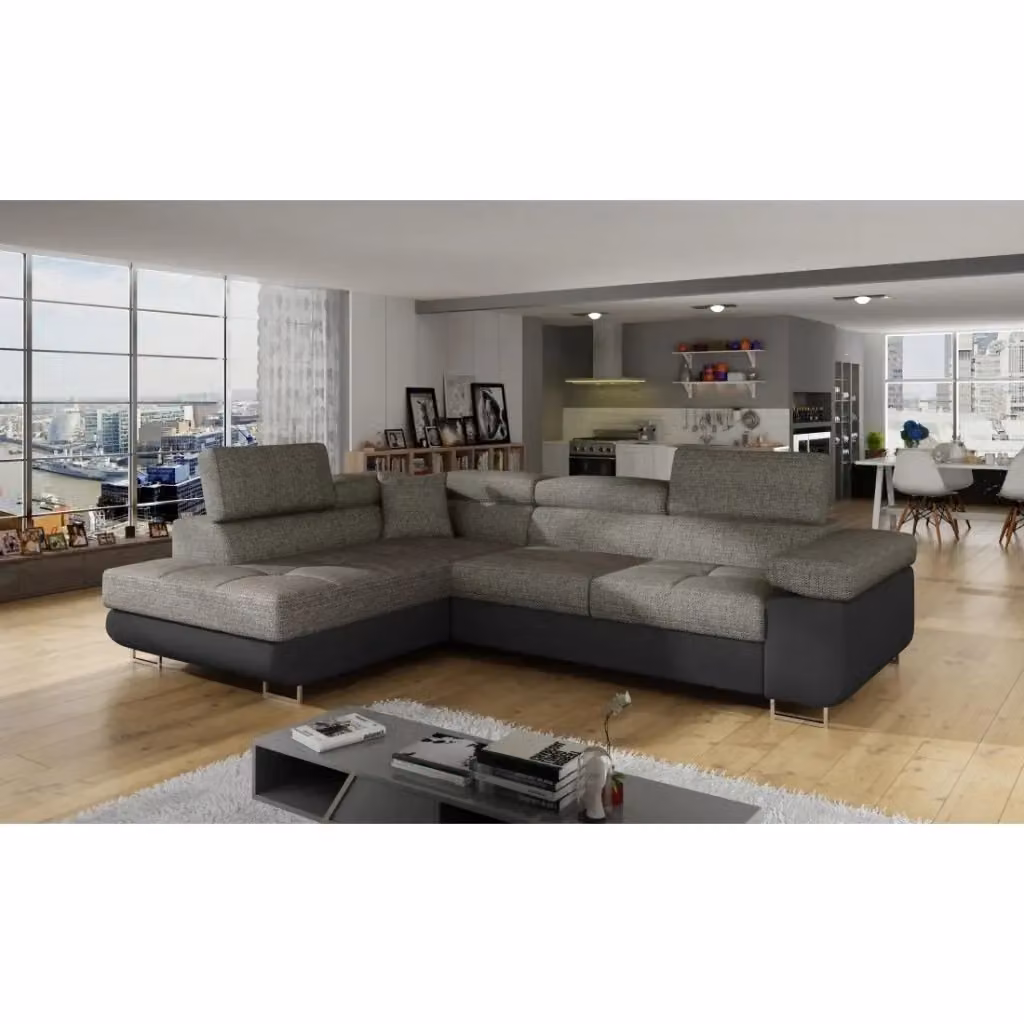 Divano ad angolo convertibile MENTON MEUBLORAMA grigio e nero in tessuto bouclé con vano contenitore e funzione letto, lato sinistro, L: 272 cm, P: 145 cm, H: 85 cm – 2