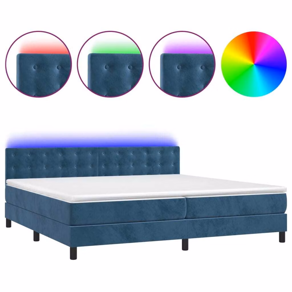 Letto a Molle con Materasso e LED Blu Scuro 200x200 cm