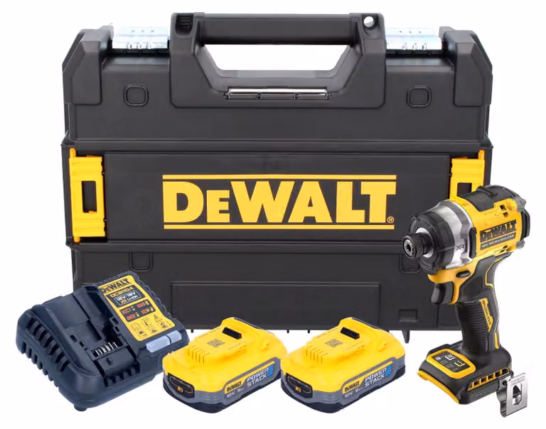 Avvitatore a impatto a batteria DeWalt DCF 860 H2T 18 V 282 Nm 1/4" Brushless + 2 batterie Powerstack da 5,0 Ah + caricabatterie + TSTAK