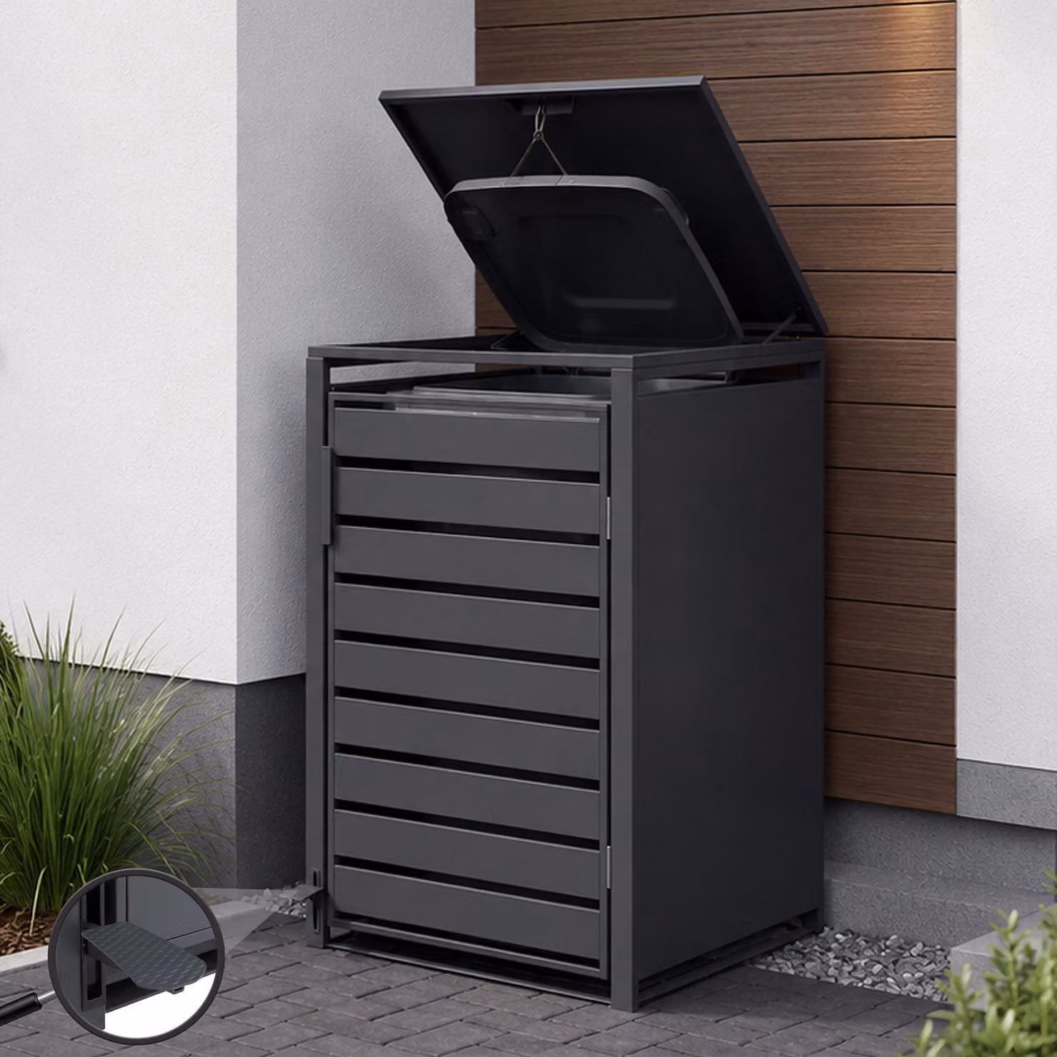 Copertura per bidoni della spazzatura HWC-Q75, box per bidoni della spazzatura, coperchio con pedale in metallo 116x68x89 cm 35 kg ~ antracite
