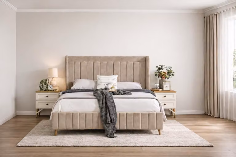 Elegante set da camera da letto con letto imbottito e due comodini
