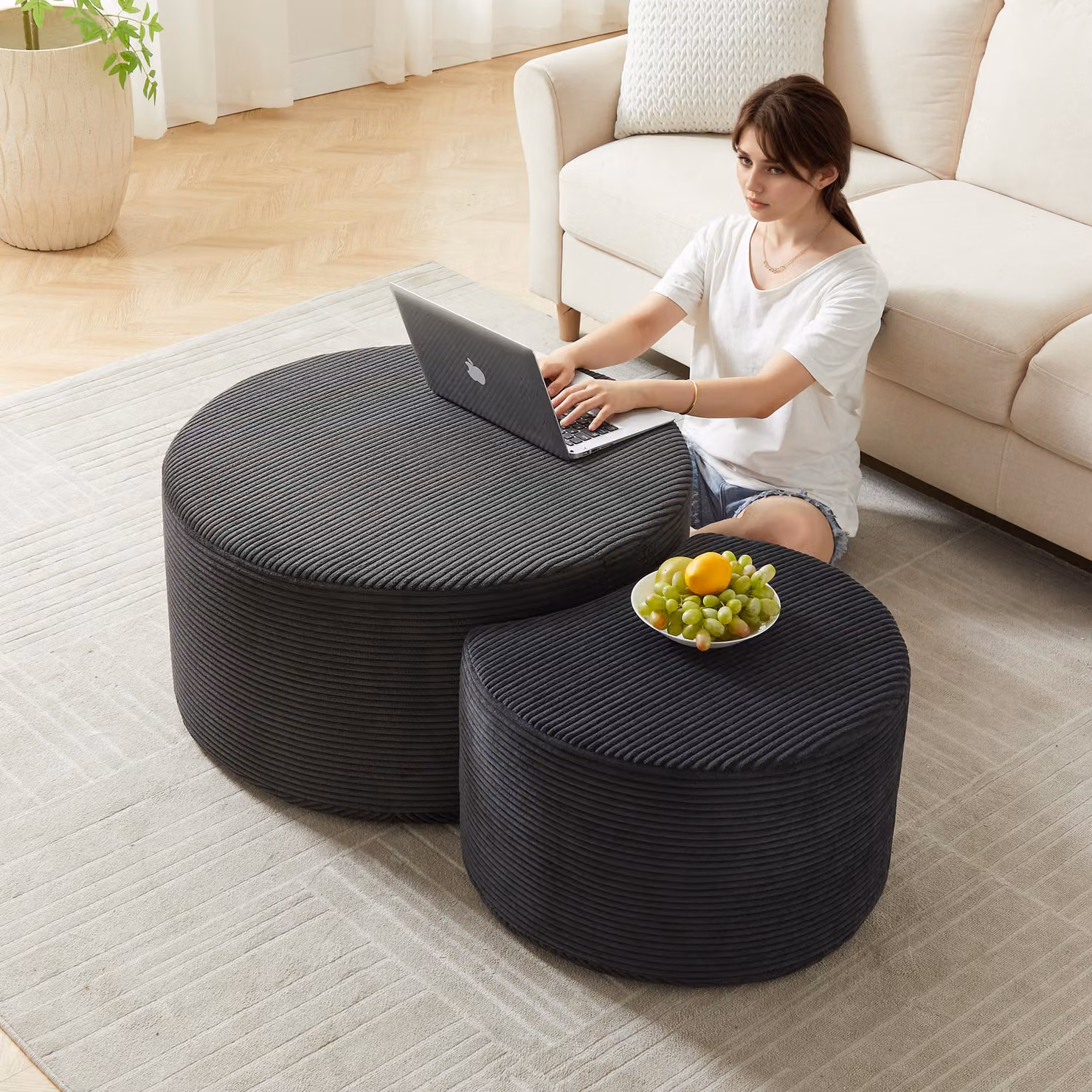 MODFU Tavolino moderno 2 pezzi pouf tavolino da salotto con base antiscivolo, set di tavolini senza cornice con 2 pezzi per il soggiorno, nero