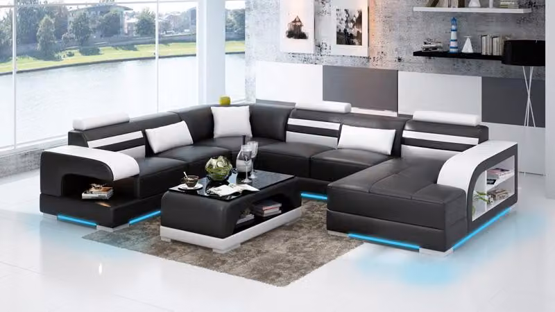 Ledersofa Couch Wohnlandschaft Ecksofa Eck Garnitur Design Modern Sofa + USB