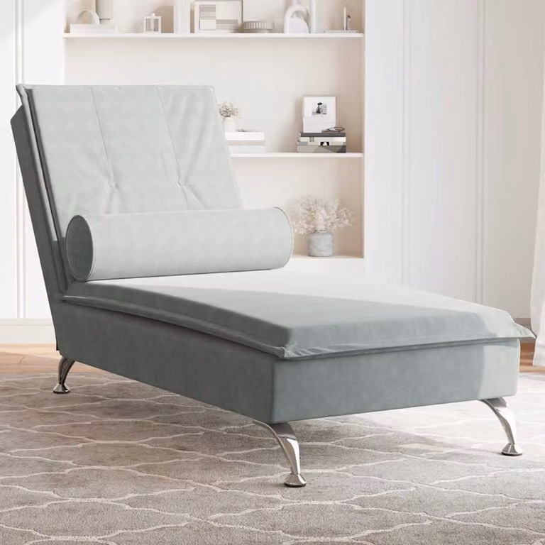 vidaXL Chaise Longue con Cuscino a Rullo in Velluto Grigio con Ricarica USB L: 136,5 cm, P: 56,0 cm, H: 75,0 cm