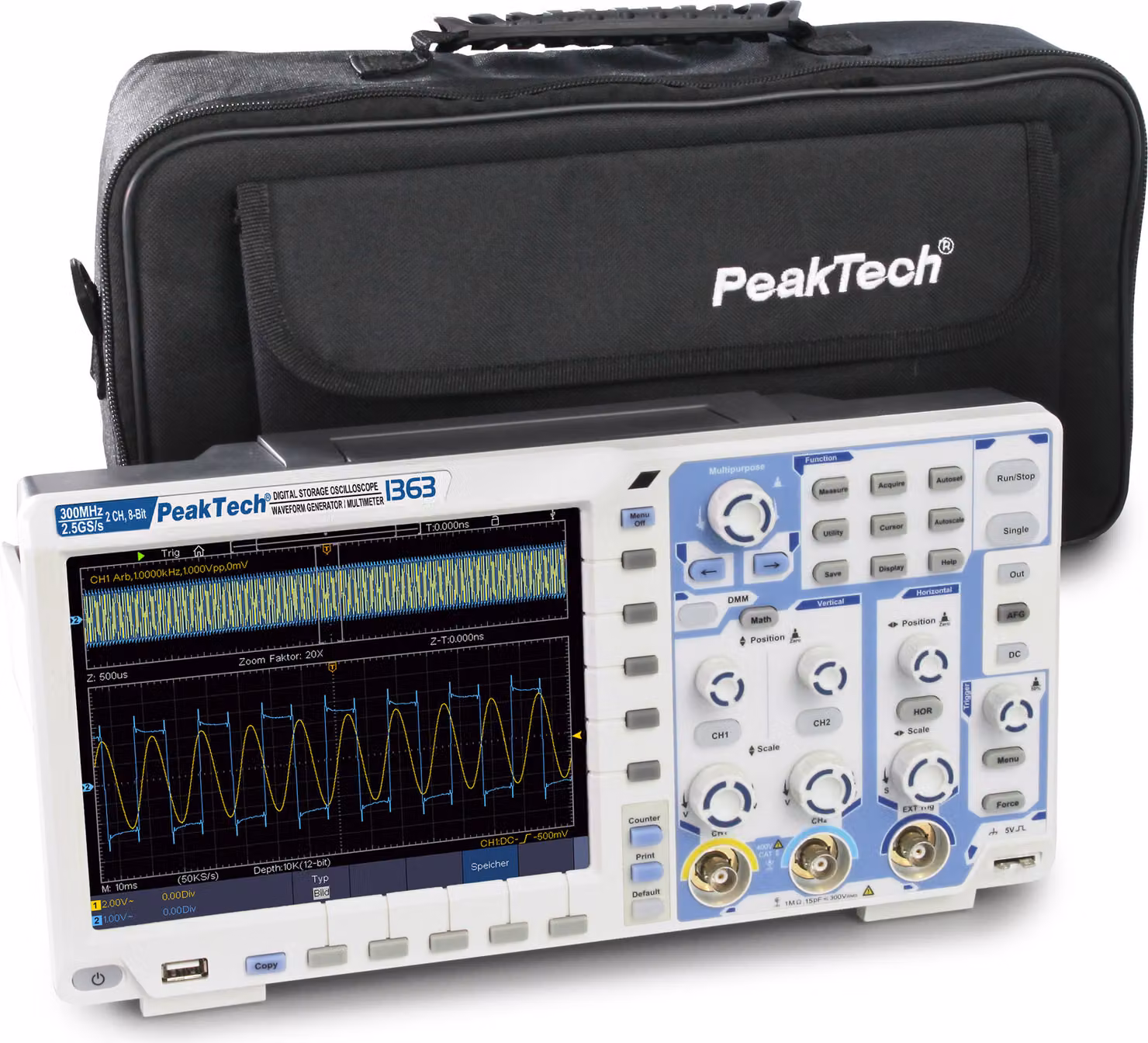 PeakTech P 1363 - Oscilloscopio digitale 300 MHz, 2 canali, 2,5 GS/s, 8 bit touch, con DMM e generatore di funzioni