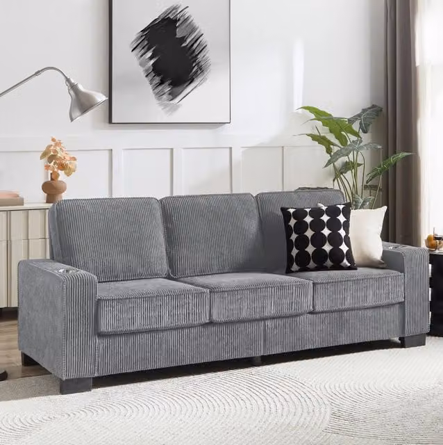 Divano 3 posti in tessuto corduroy grigio con portabicchieri; 206 x 72 x 86 cm