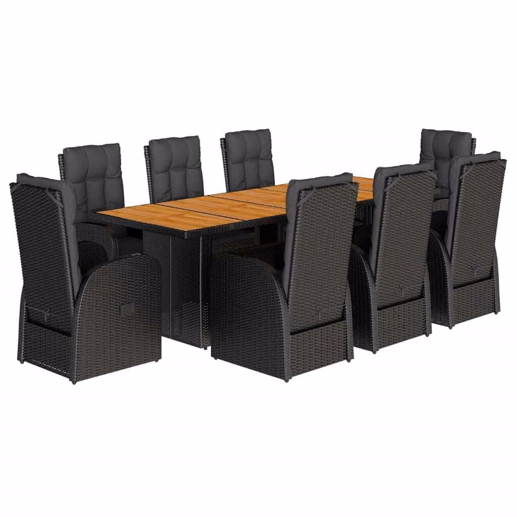Set da Pranzo da Giardino 9 pz con Cuscini Nero in Polyrattan