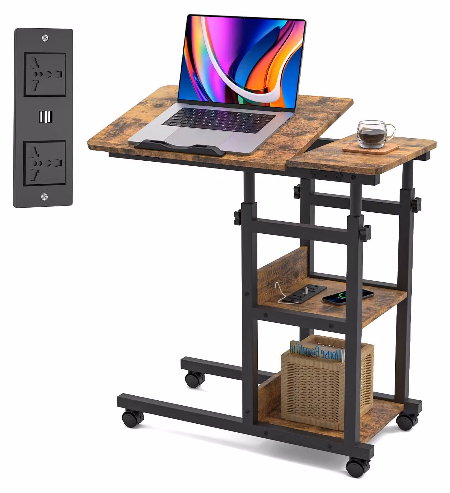 Tavolino laterale a forma di C per laptop, stile vintage - Altezza regolabile da 64 a 95 cm - Inclinazione regolabile, 3 livelli - Dimensioni 80 x 40 cm - Con rotelle - Colore marrone
