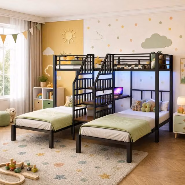 Letto a castello 3 posti 90 x 200 cm con LED; scrivania; USB e presa; nero