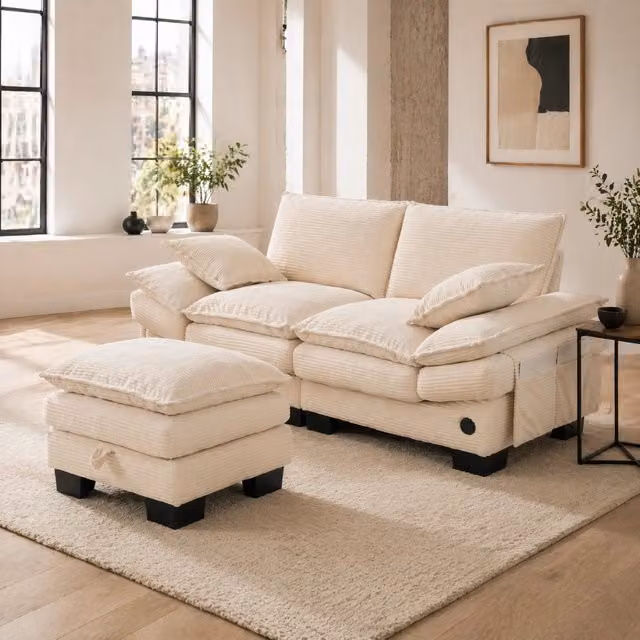Divano 2 posti ULEVR 190x132x84 cm con pouf contenitore, porta USB-C e tasche laterali, velluto a coste beige