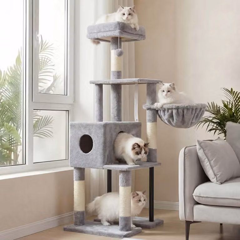 Albero per gatti di 125 cm, color grigio chiaro, con comodo cuscino in peluche e amaca