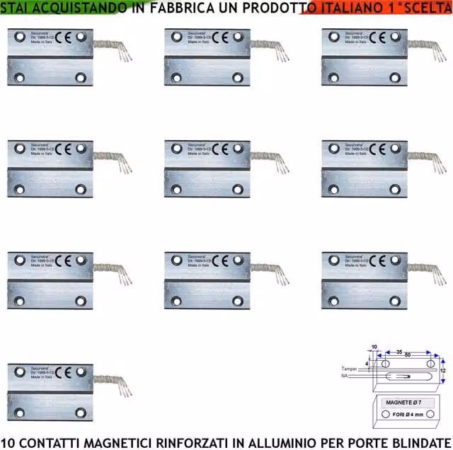 Set di 10 sensori magnetici per porte e finestre Securvera in alluminio color argento con contatti Reed NC e protezione IP65