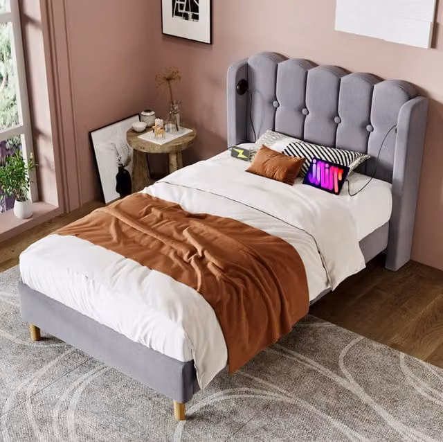 Letto imbottito 90x200 cm con ricarica USB e Type C; lino; grigio (Senza materasso)