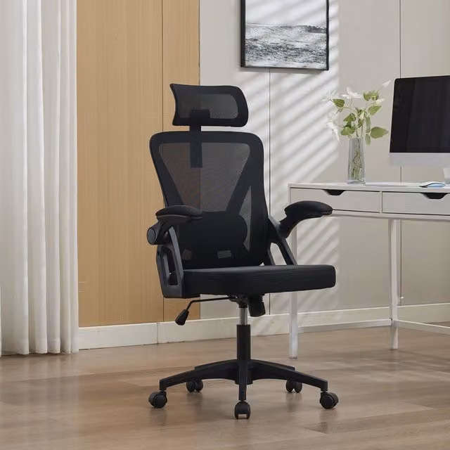 Sedia da ufficio ergonomica Minimal nera con schienale in rete, poggiatesta e supporto lombare