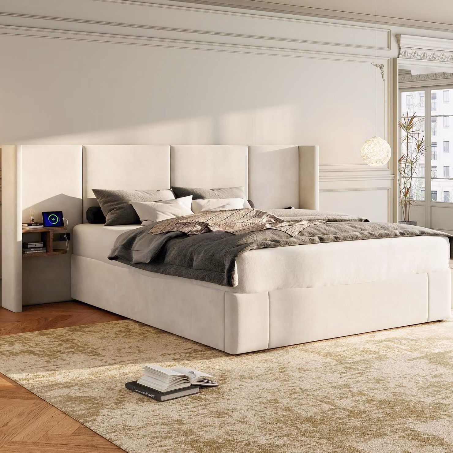 Letto imbottito 160 x 200 cm, letto a sponde larghe idraulico con connessione USB, con prese di corrente, con due comodini con vano portaoggetti, beige