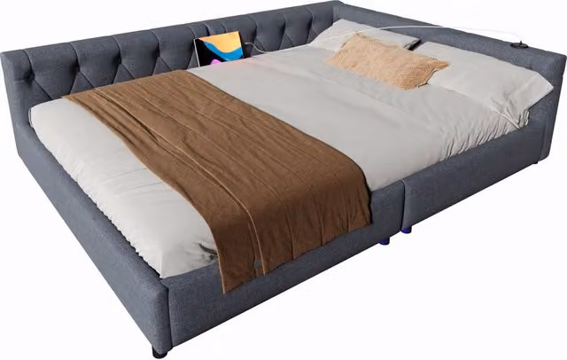 Letto a Divanetto Moderno in Tessuto Grigio con Porte di Ricarica USB e LED a 7 Colori L/P: 140 x 200 cm – 1