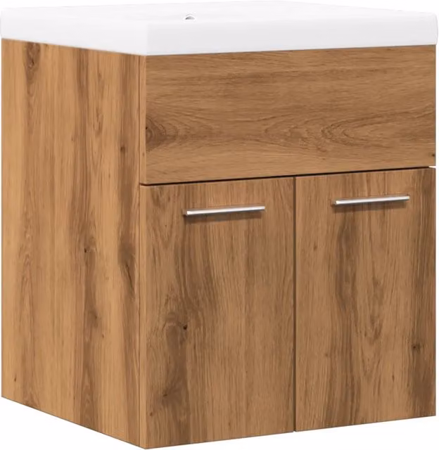 Mobile Lavabo da Bagno Moderno con Armadietto a Sospensione in Legno e Metallo, Bianco e Marrone, L: 76,7 cm, P: 46,0 cm, H: 41,0 cm – 1