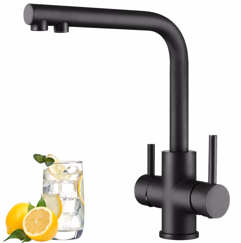 Rubinetto da cucina a 3 vie, rotazione a 360°, colore nero opaco, 2 maniglie, 3 funzioni in 1
