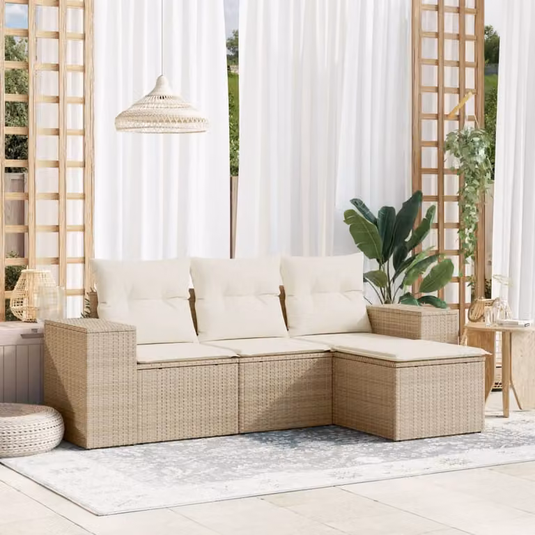 vidaXL Set Divano da Giardino a L in Polyrattan con Cuscini Beige e Struttura in Metallo