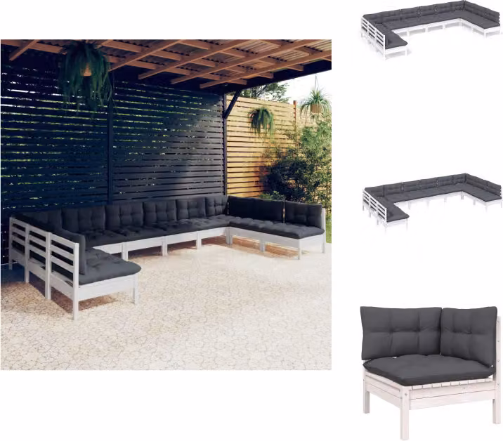 vidaXL Set da giardino da 10 pezzi con cuscini in legno di pino massiccio bianco - Set di mobili da giardino
