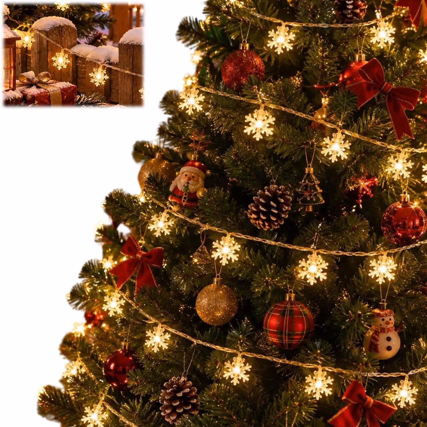 Catena luminosa a LED a forma di fiocchi di neve, lunghezza 6 metri, 40 LED, luce bianca calda, alimentazione a batteria