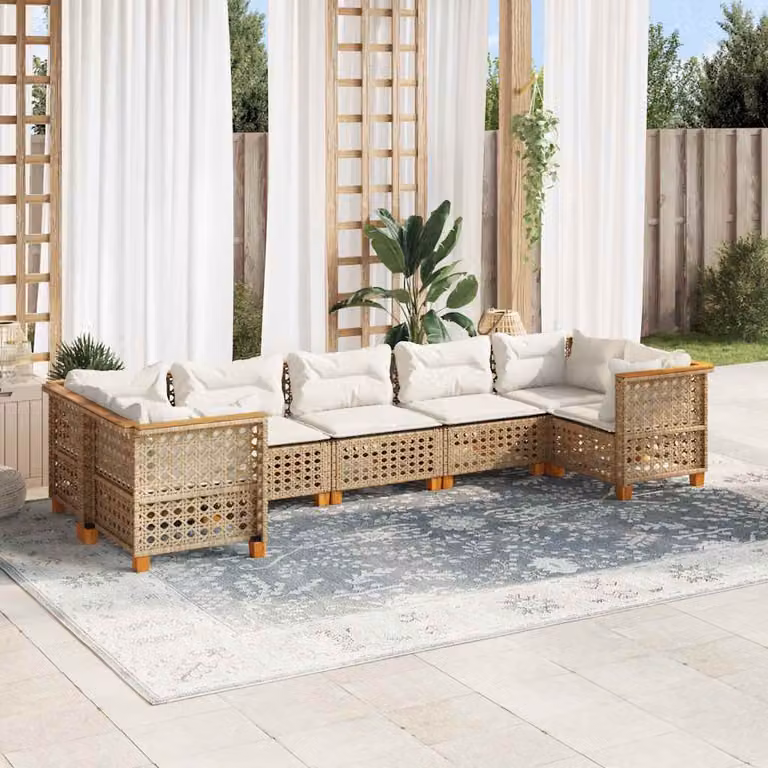 Set di divani da giardino vidaXL in 7 pezzi con cuscini beige in polyrattan e legno di acacia