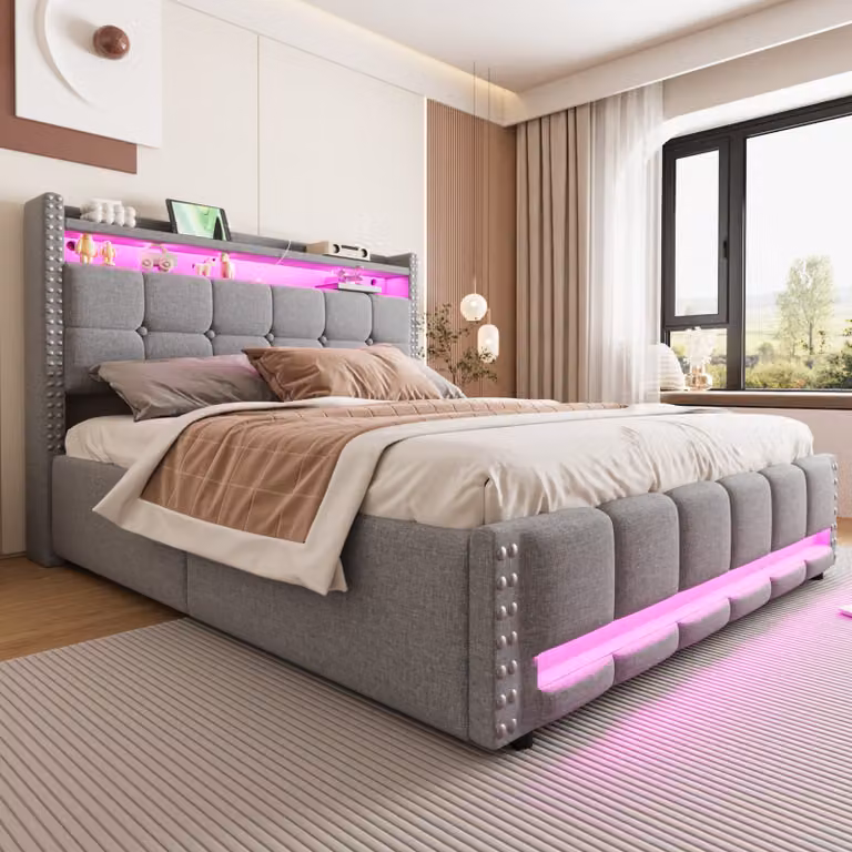 Letto imbottito okwish 160x200 con cassettiera sollevabile idraulica, luci LED, letto per giovani con scomparti aperti, letto matrimoniale, senza materasso, grigio chiaro