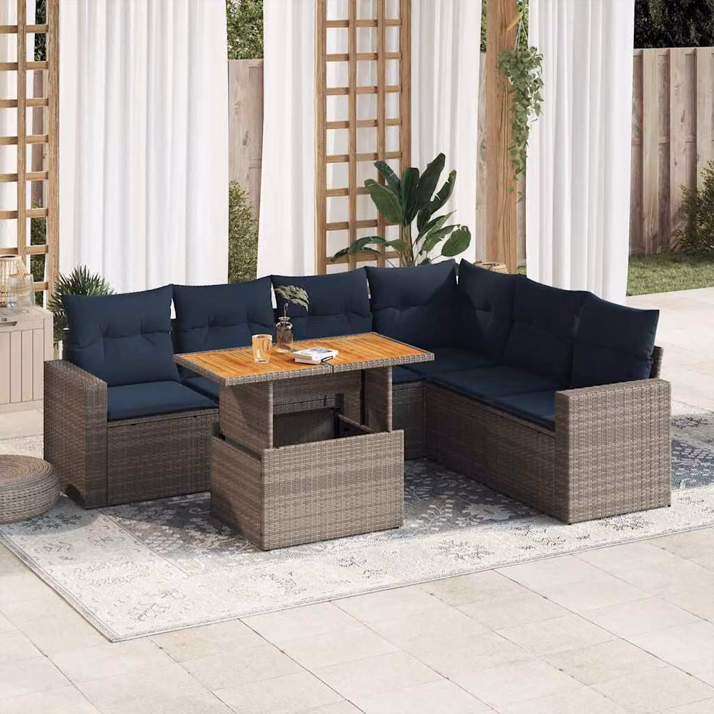 Set Divani da Giardino vidaXL 7 pz a Forma a L con Cuscini Grigio e Blu in Polyrattan e Acciaio