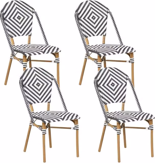 Set di 4 Sedie in Rattan Naturale e struttura in Alluminio con Trama Bianco e Nero
