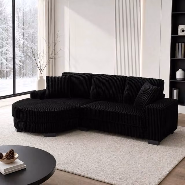 Divano angolare 256.5x133.5x89 cm modulare con pouf ovale reversibile in velluto a coste nero