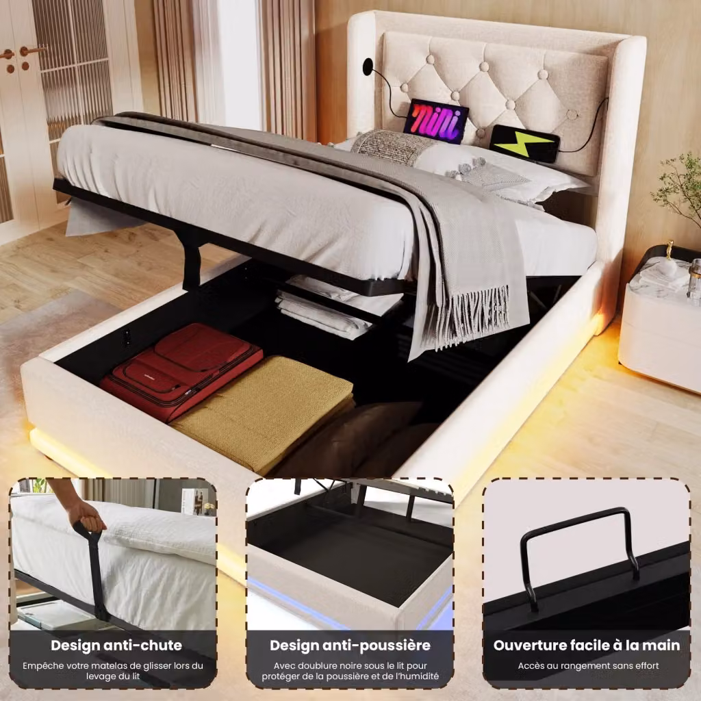 Letto contenitore singolo con materasso ibrido incluso, illuminazione sottostante e porta USB Type-C, colore beige, L/P/H: 90 x 200 x 36 cm – 2