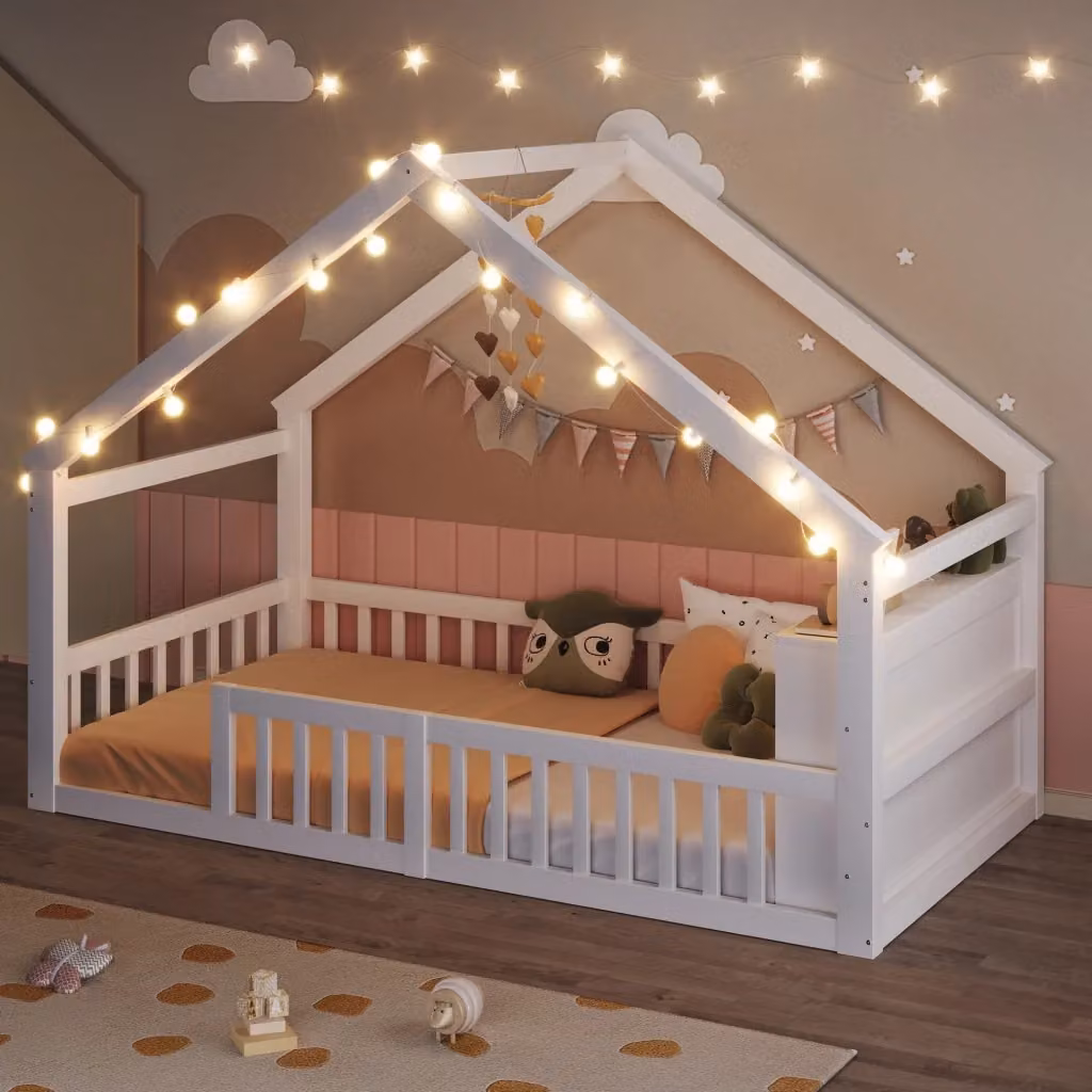 Letto a casetta Mivray per bambini in legno di pino e MDF bianco con scaffali laterali L: 190 cm, P: 90 cm, H: 215 cm – 2